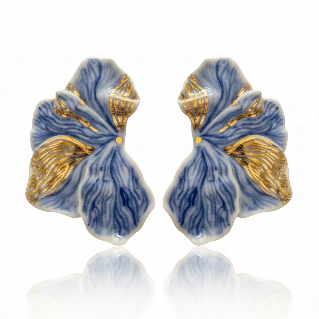 Cercei din Porțelan | Inspirație Florală | Cu tijă și cheiță din Argint 925 placate cu Aur 24K
