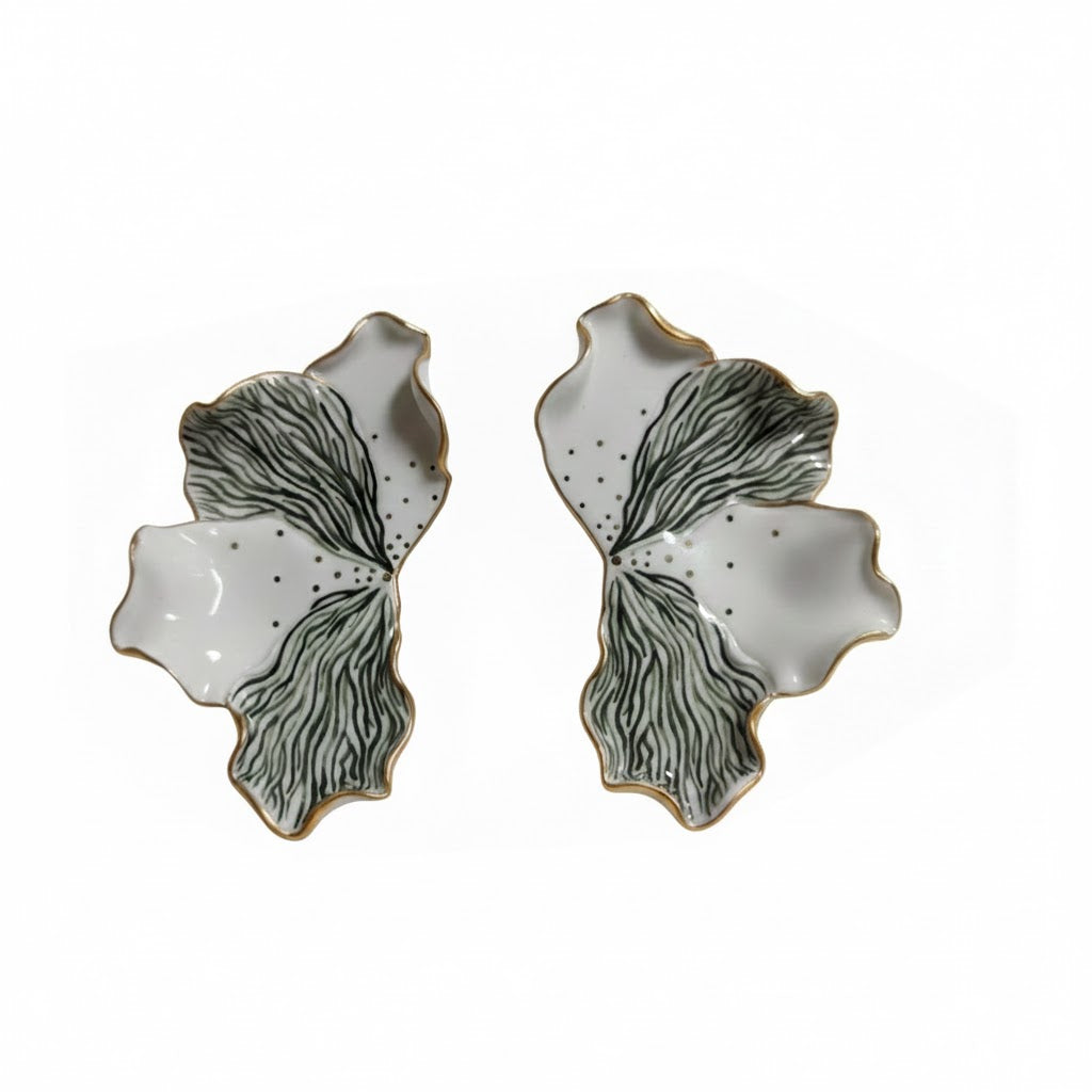 Cercei Unicat din Porțelan | Inspirație Florală | Design Artistic cu tijă și cheiță din Argint 925 placate cu Aur 24K