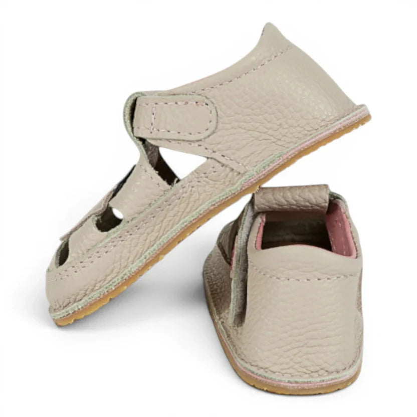 Sandale Barefoot din Piele Naturală, Crem, cu 2 Inimioare aplicate