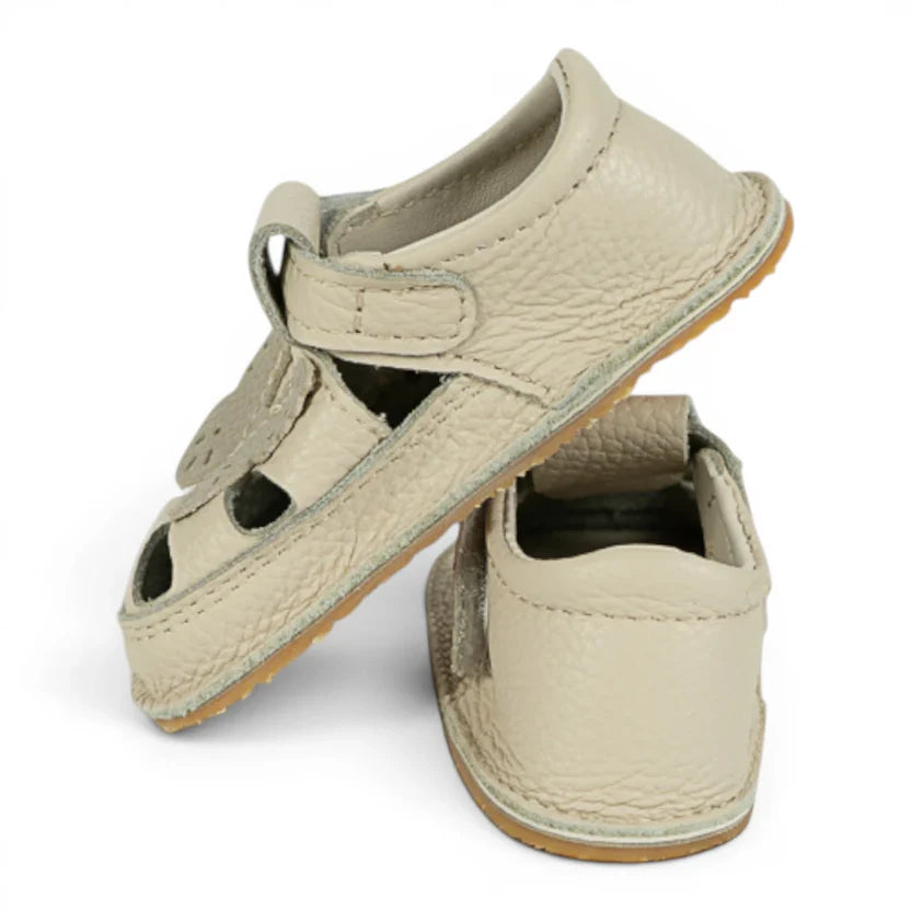Sandale Barefoot din Piele Naturală, Bej, cu model Fluturaș aplicat frontal
