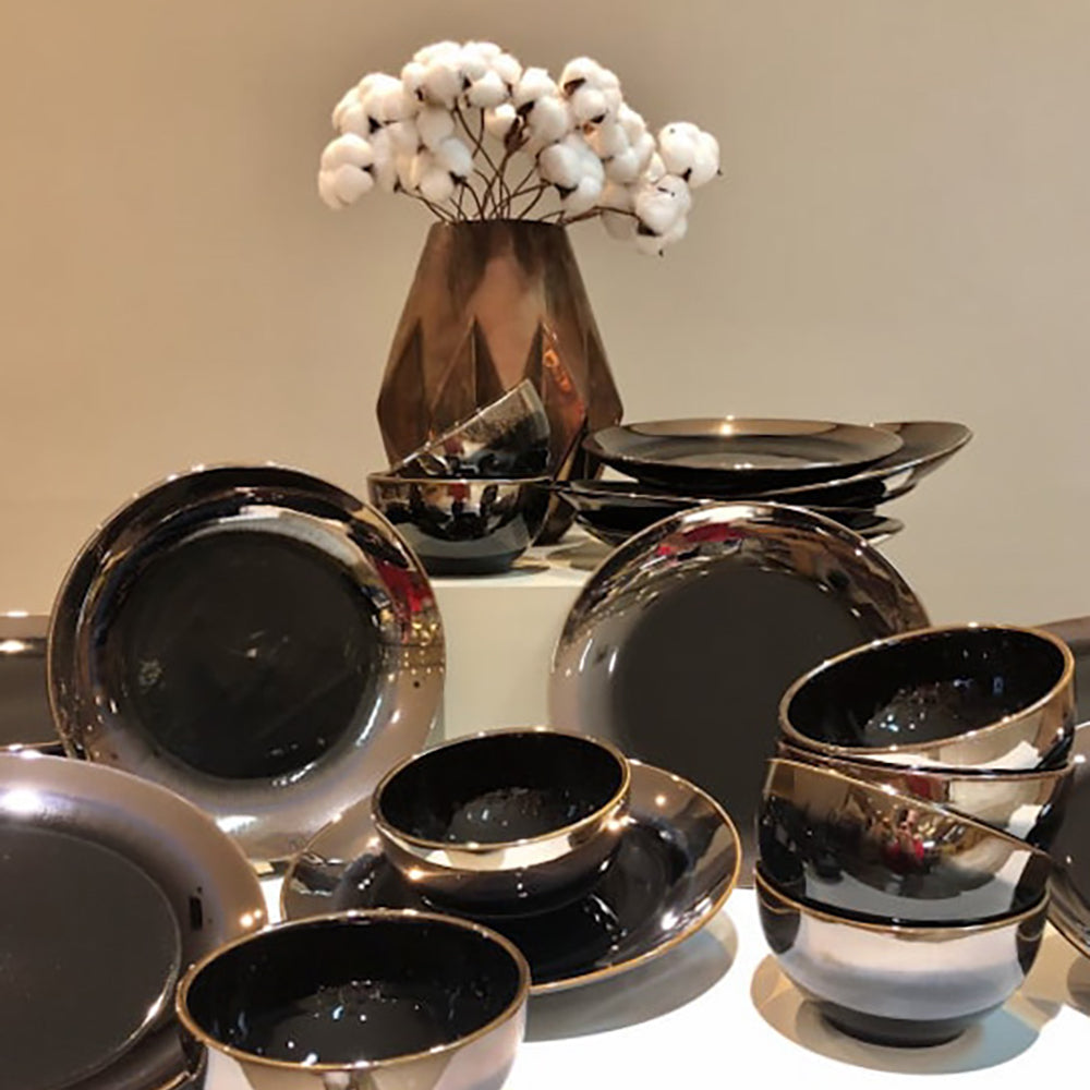 Set 24 Piese AGORA - Ceramică cu Glazură Reactivă Oil Black, cu Efect de Oglindă