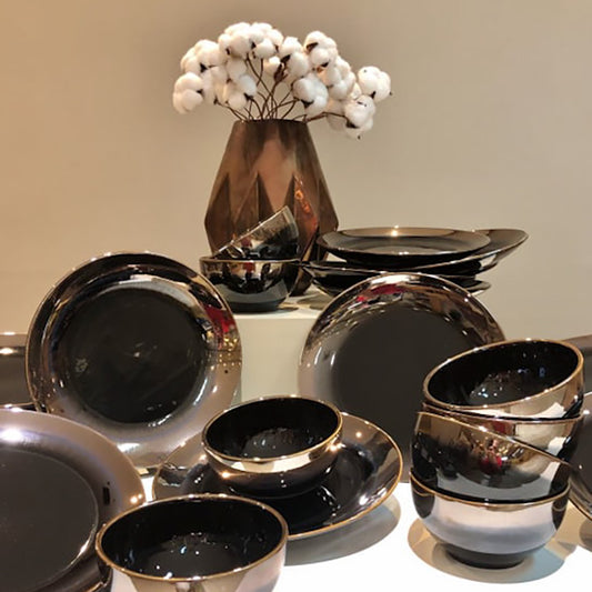 Set 24 Piese AGORA - Ceramică cu Glazură Reactivă Oil Black, cu Efect de Oglindă