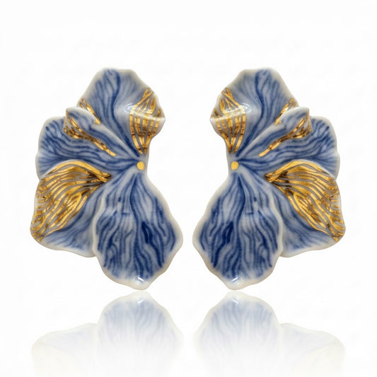 Cercei din Porțelan | Inspirație Florală | Cu tijă și cheiță din Argint 925 placate cu Aur 24K