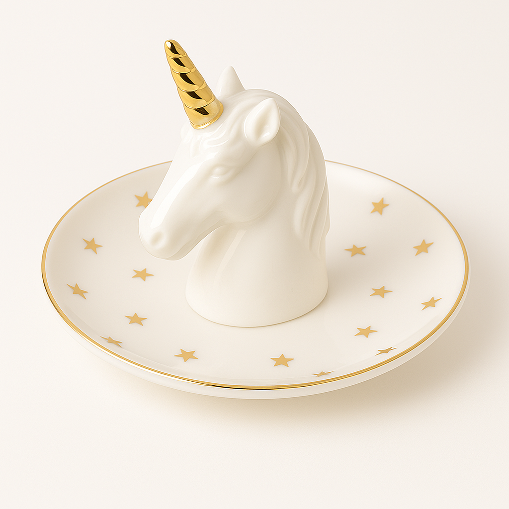 Platou pentru Bijuterii Unicorn - Porțelan Alb cu detaliu Auriu