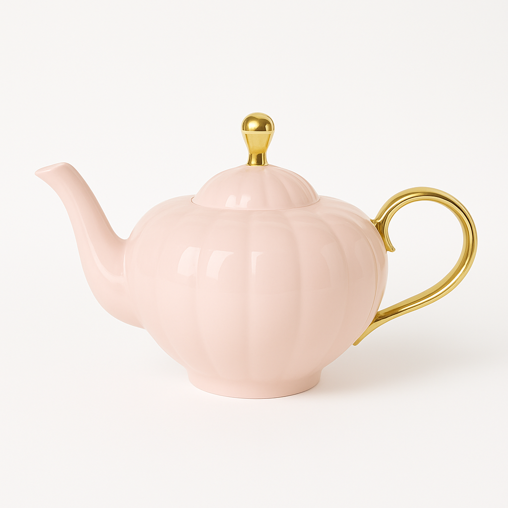 Ceainic Elegant din Porțelan Fin - Roz cu Accente Aurii | Cutie Cadou