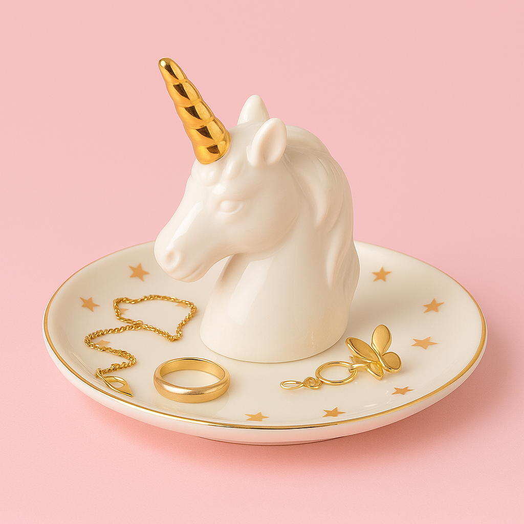 Platou pentru Bijuterii Unicorn - Porțelan Alb cu detaliu Auriu