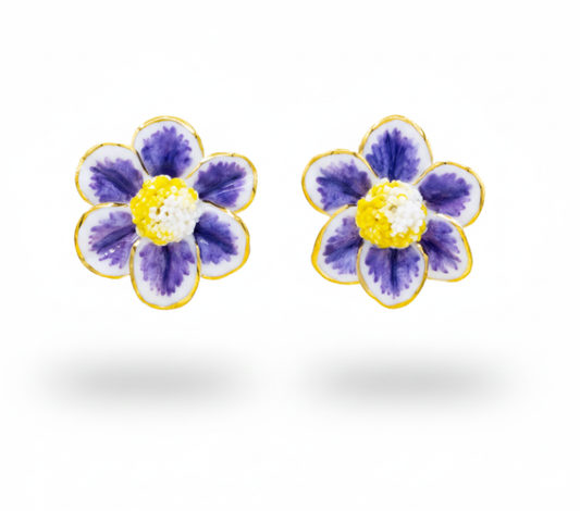 Cercei Florali - Porțelan Lucrați Manual  - cu tijă și cheiță din Argint 925 placate cu Aur 24K.