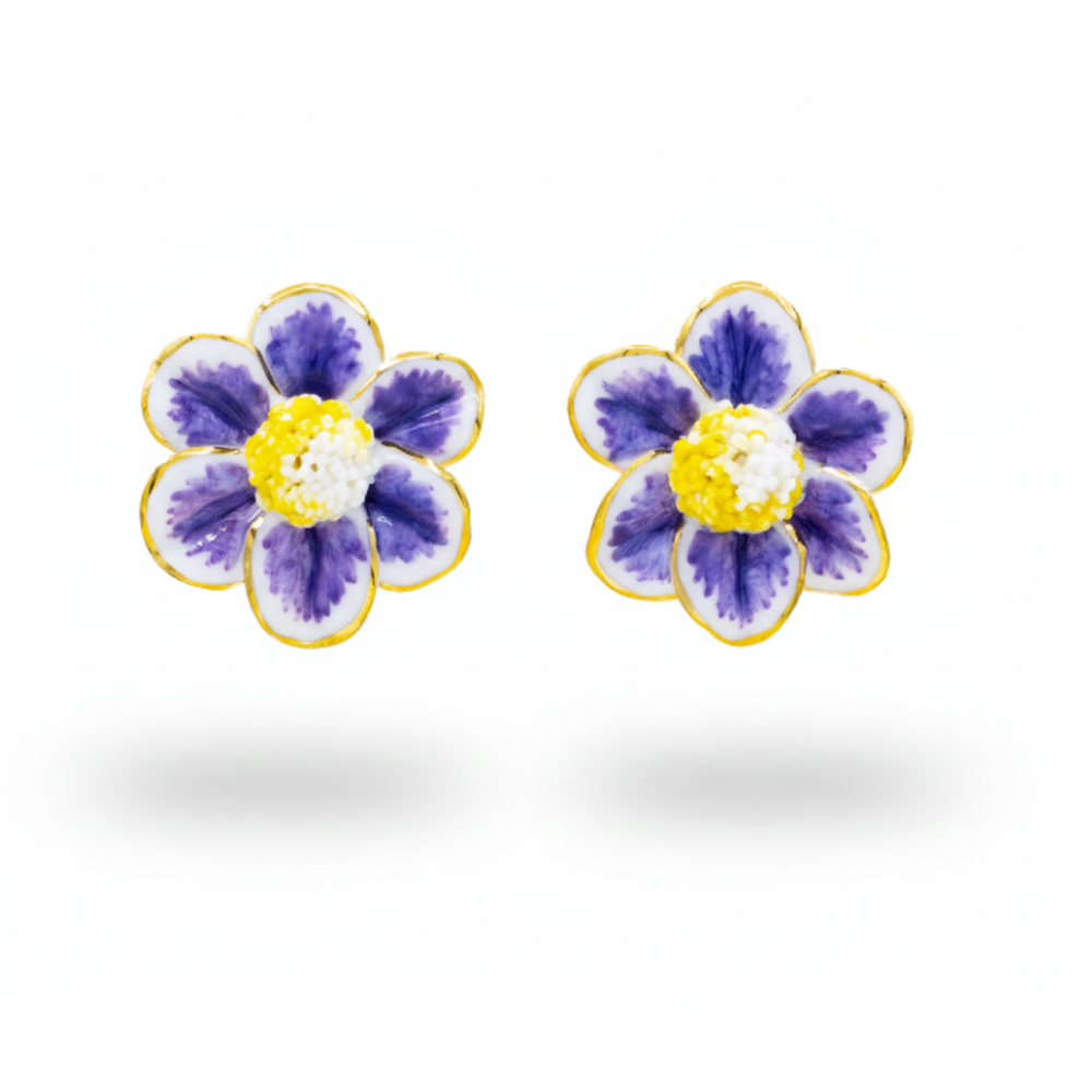 Cercei Florali - Porțelan Lucrați Manual  - cu tijă și cheiță din Argint 925 placate cu Aur 24K.