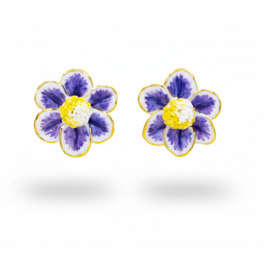 Cercei Florali - Porțelan Lucrați Manual  - cu tijă și cheiță din Argint 925 placate cu Aur 24K.