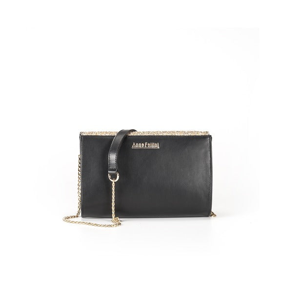 Geantă Plic Laura 41CR Damă Piele naturală, Anna Fellini negru/glitter auriu