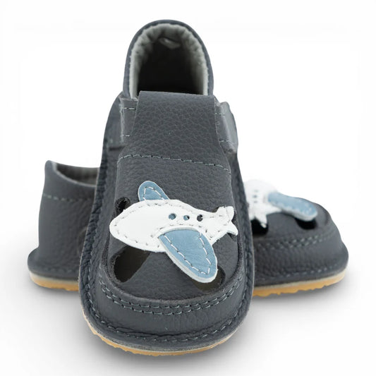 Sandale Baoeti Barefoot din Piele Naturală, Gri, cu detaliu Avion
