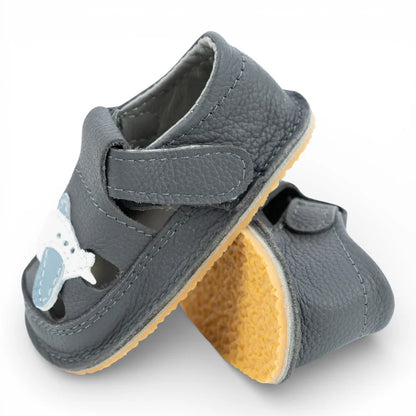 Sandale Baoeti Barefoot din Piele Naturală, Gri, cu detaliu Avion