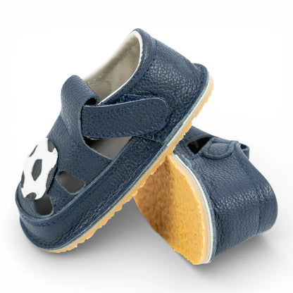 Sandale Baieti  Barefoot din Piele Naturală, Bleumarin, Albastru, detaliu Minge