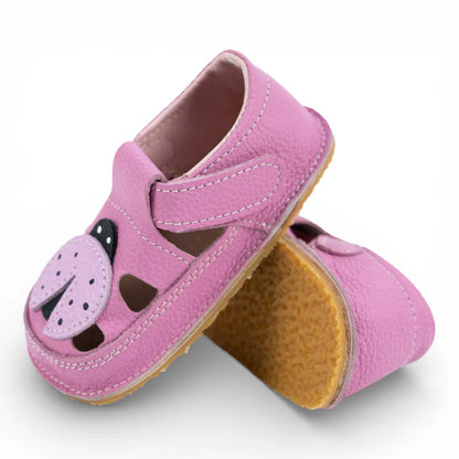 Sandale Fete Barefoot din Piele Naturală, Pink- Roz, detaliu aplicat Buburuză