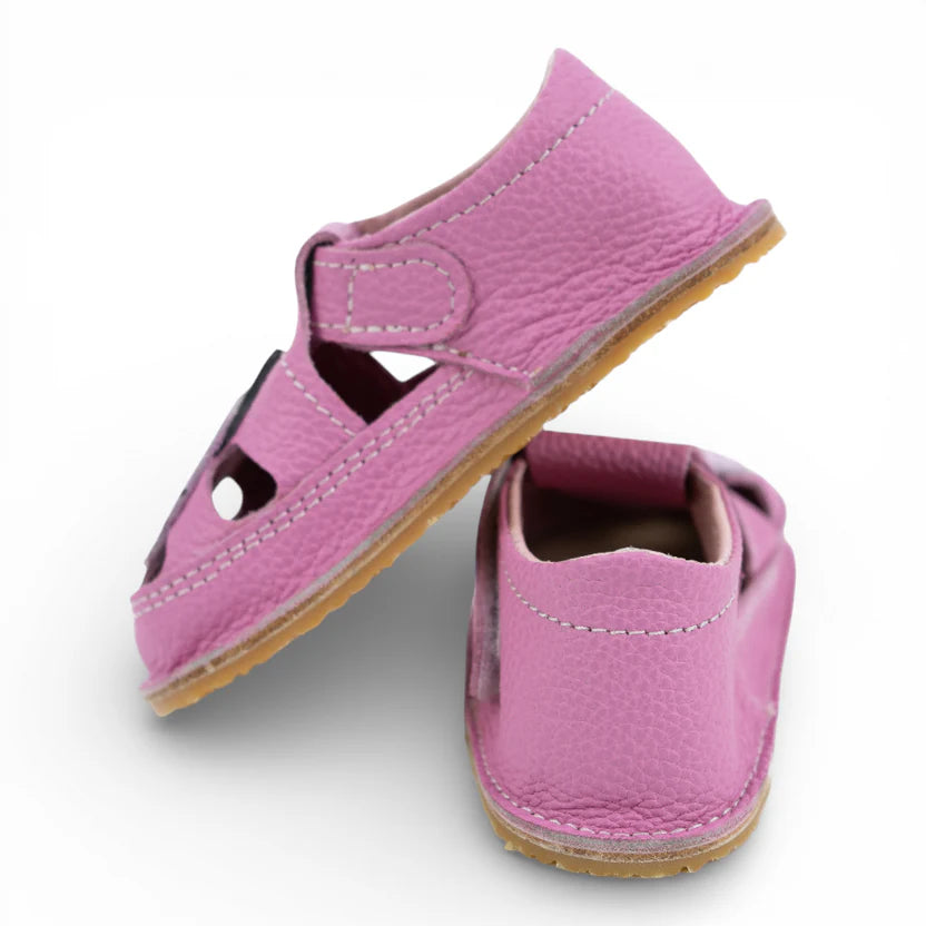 Sandale Fete Barefoot din Piele Naturală, Pink- Roz, detaliu aplicat Buburuză
