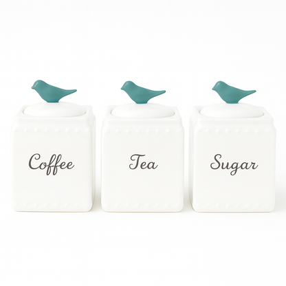 Set 3 Recipiente din Porțelan cu Capac | Forest Bird Alb  | Albastru