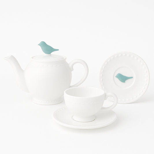 Set Ceai Porțelan Fin - ''Forest Bird'' Alb-Albastru |