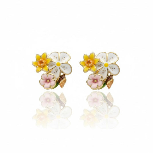 Cercei Florali - Porțelan Lucrați Manual - cu tijă și cheiță din Argint 925 placate cu Aur 24K.