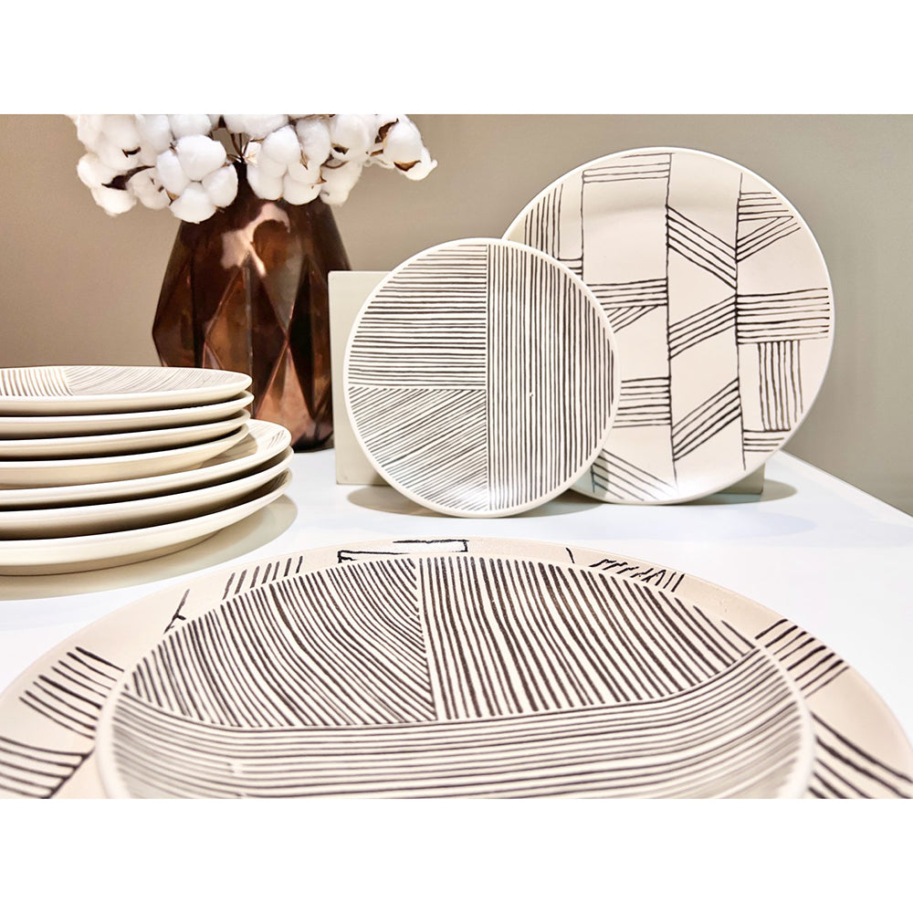 Set 12 Farfurii Decorama: 6 Farfurii Desert (21 cm) și 6 Farfurii Mese Principale (26 cm), Bej cu Linii Negre