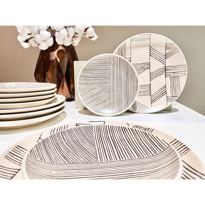 Set 12 Farfurii Decorama: 6 Farfurii Desert (21 cm) și 6 Farfurii Mese Principale (26 cm), Bej cu Linii Negre