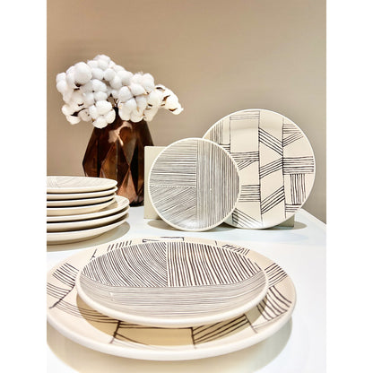 Set 12 Farfurii Decorama: 6 Farfurii Desert (21 cm) și 6 Farfurii Mese Principale (26 cm), Bej cu Linii Negre
