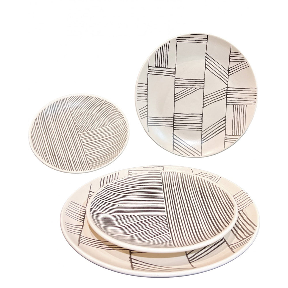 Set 12 Farfurii Decorama: 6 Farfurii Desert (21 cm) și 6 Farfurii Mese Principale (26 cm), Bej cu Linii Negre