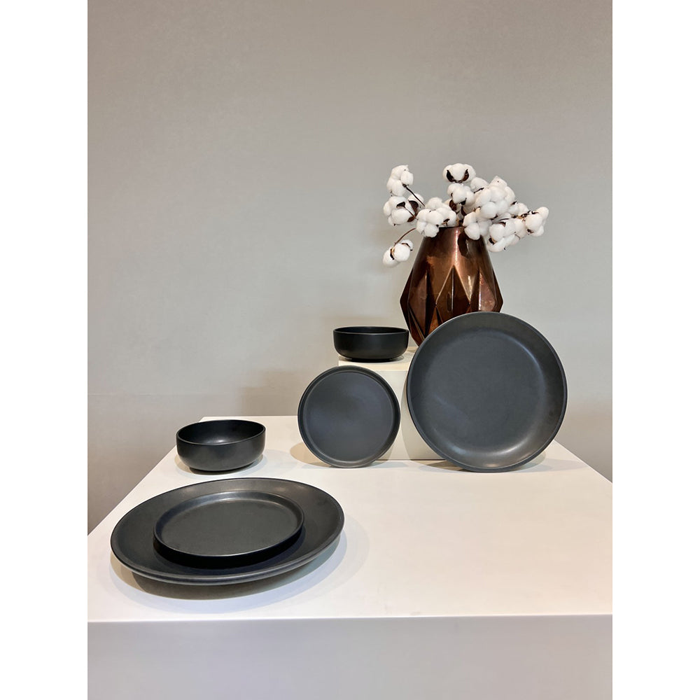 Set 18 Piese Vulcano Duo: Farfurie, Platou și Bol, Ceramica Neagră Mată, Glazurate Manual