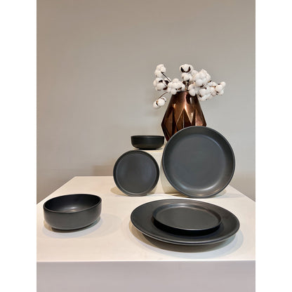 Set 18 Piese Vulcano Duo: Farfurie, Platou și Bol, Ceramica Neagră Mată, Glazurate Manual