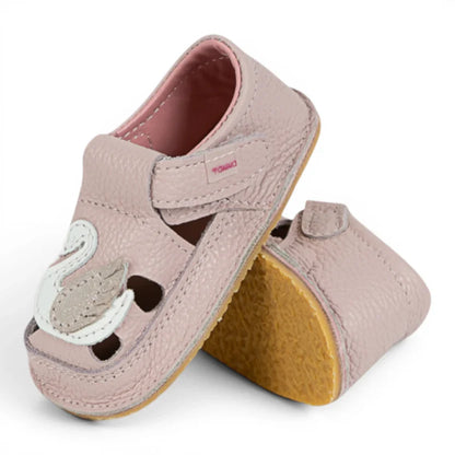 Sandale Barefoot din Piele Naturală,Roz, detaliu Lebădă