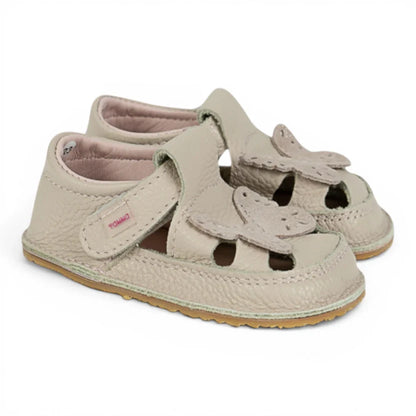 Sandale Barefoot din Piele Naturală, Creme, cu decupaj aplicat Fluturaș