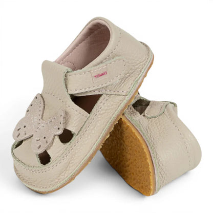 Sandale Barefoot din Piele Naturală, Creme, cu decupaj aplicat Fluturaș