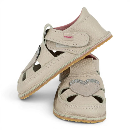 Sandale Barefoot din Piele Naturală, Crem, cu 2 Inimioare aplicate