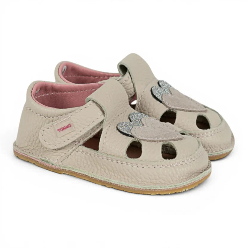 Sandale Barefoot din Piele Naturală, Crem, cu 2 Inimioare aplicate