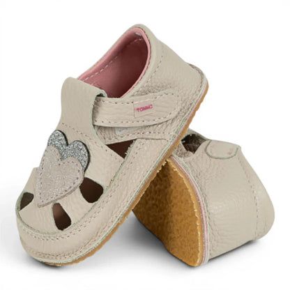 Sandale Barefoot din Piele Naturală, Crem, cu 2 Inimioare aplicate
