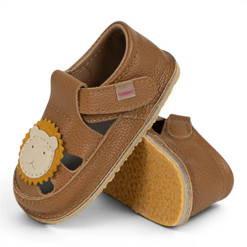 Sandale Barefoot din Piele Naturală, Maro, detaliu aplicat Leu