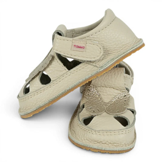 Sandale Barefoot din Piele Naturală, Bej, cu model Fluturaș aplicat frontal