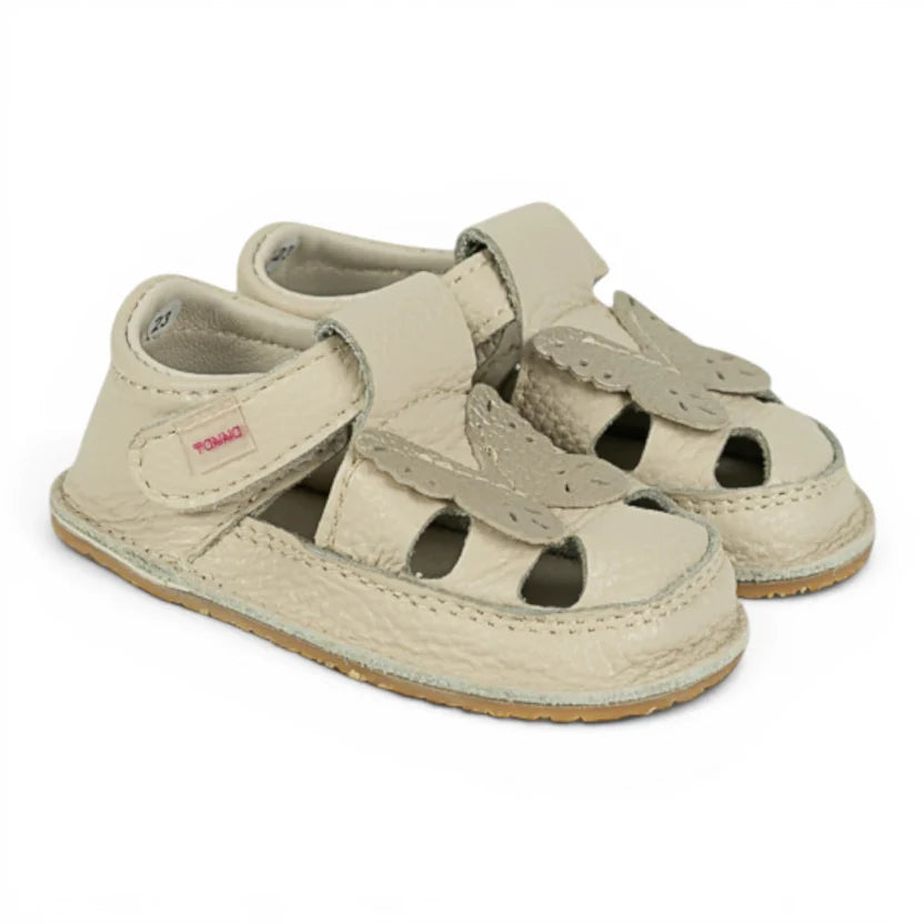 Sandale Barefoot din Piele Naturală, Bej, cu model Fluturaș aplicat frontal
