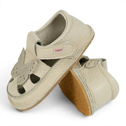 Sandale Barefoot din Piele Naturală, Bej, cu model Fluturaș aplicat frontal