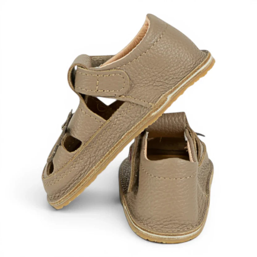 Sandale Fete Barefoot din Piele Naturală, Bej, decupaj aplicat maimuțică